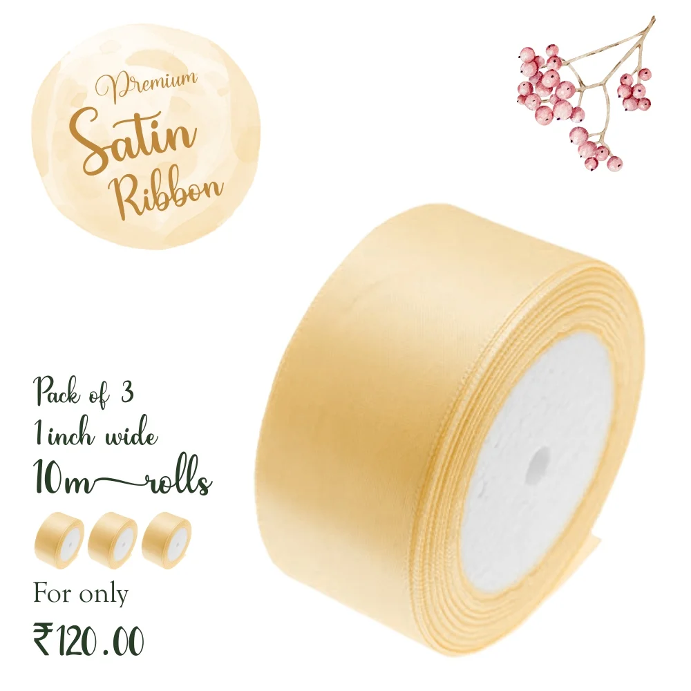Champagne Yellow Satin Ribbon - 1 Inch, 10 metres (Pack of 3 Rolls)