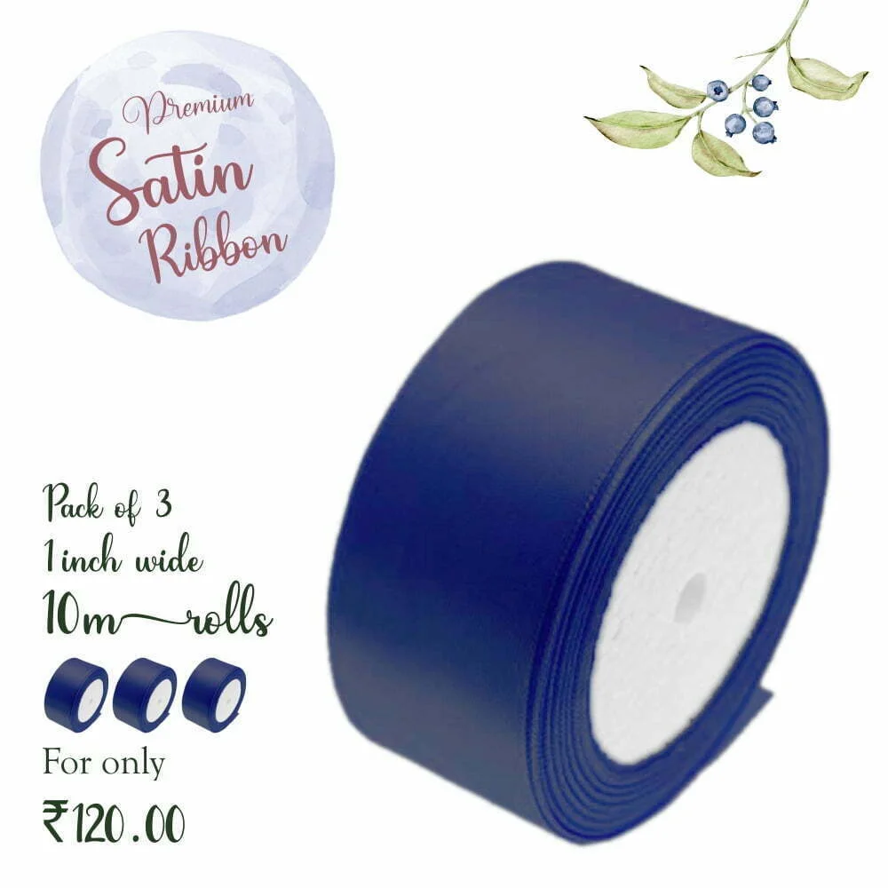 Midnight Blue Satin Ribbon - 1 Inch, 10 metres (Pack of 3 Rolls)