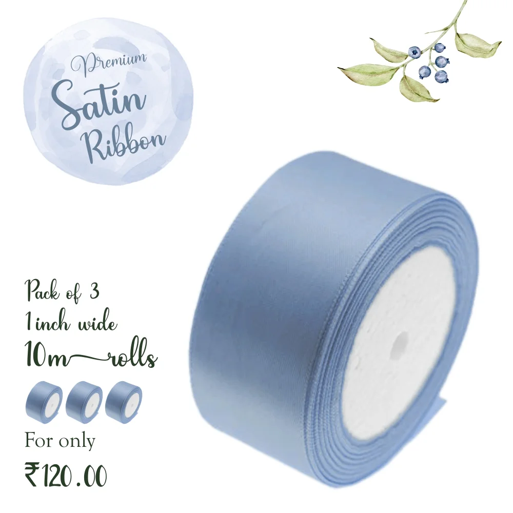 Misty Blue Satin Ribbon - 1 Inch, 10 metres (Pack of 3 Rolls)