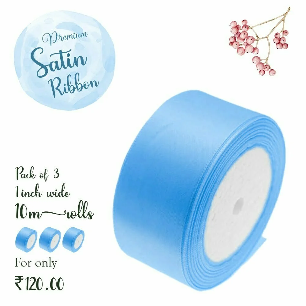 Sky Blue Satin Ribbon - 1 Inch, 10 metres (Pack of 3 Rolls)