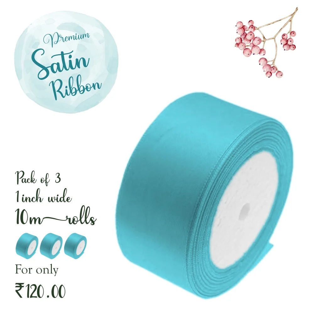 Teal Green Satin Ribbon - 1 Inch, 10 metres (Pack of 3 Rolls)